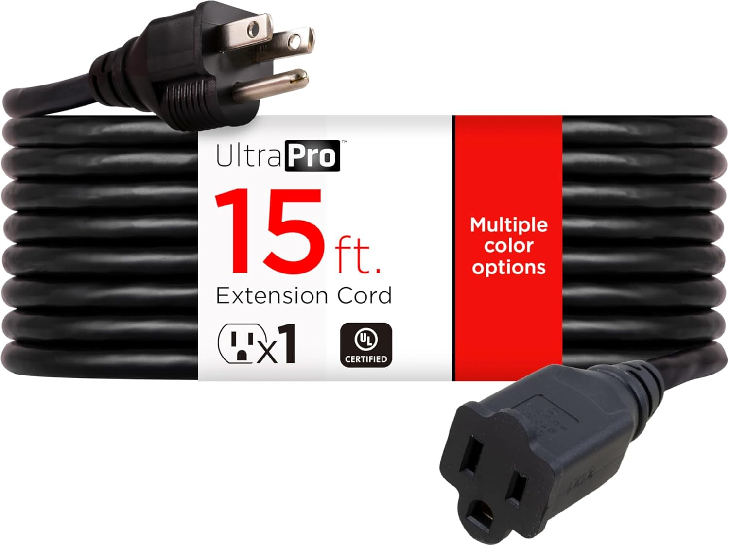 15 Ft Extension Cord, Double Insulated, Indoor/Outdoor, General Purpose, 3 Wire, 16 Gauge, Ideal for Outdoor Lighting, UL Listed, Black, 36824-T1