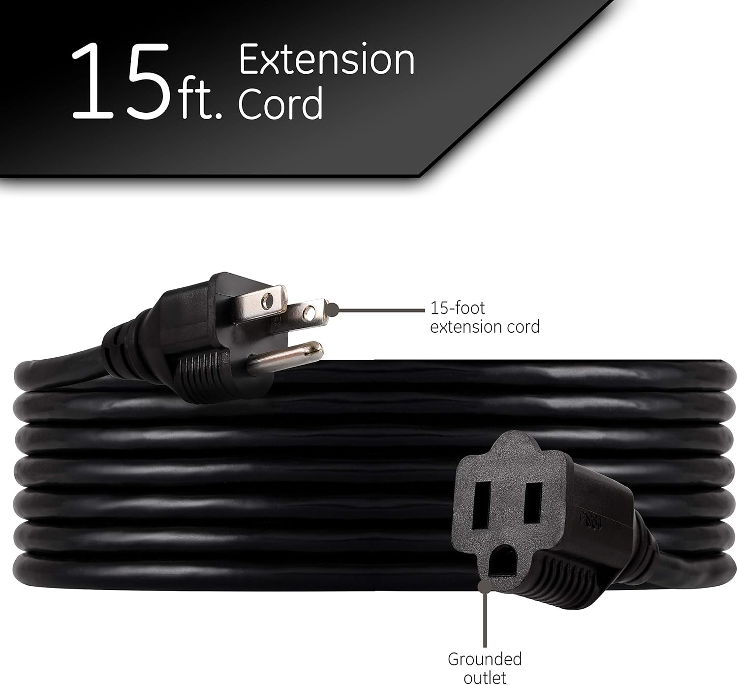 15 Ft Extension Cord, Double Insulated, Indoor/Outdoor, General Purpose, 3 Wire, 16 Gauge, Ideal for Outdoor Lighting, UL Listed, Black, 36824-T1