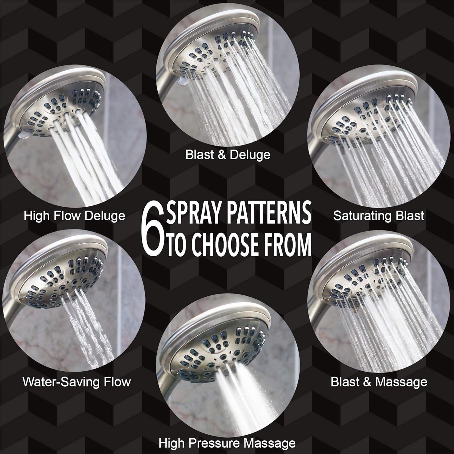 6 Function Luxury Handheld Shower Head - Adjustable High Pressure Rainfall Spray with Removable Hand Held Rain Showerhead for the Bathroom, 2.5 GPM - Brushed Nickel