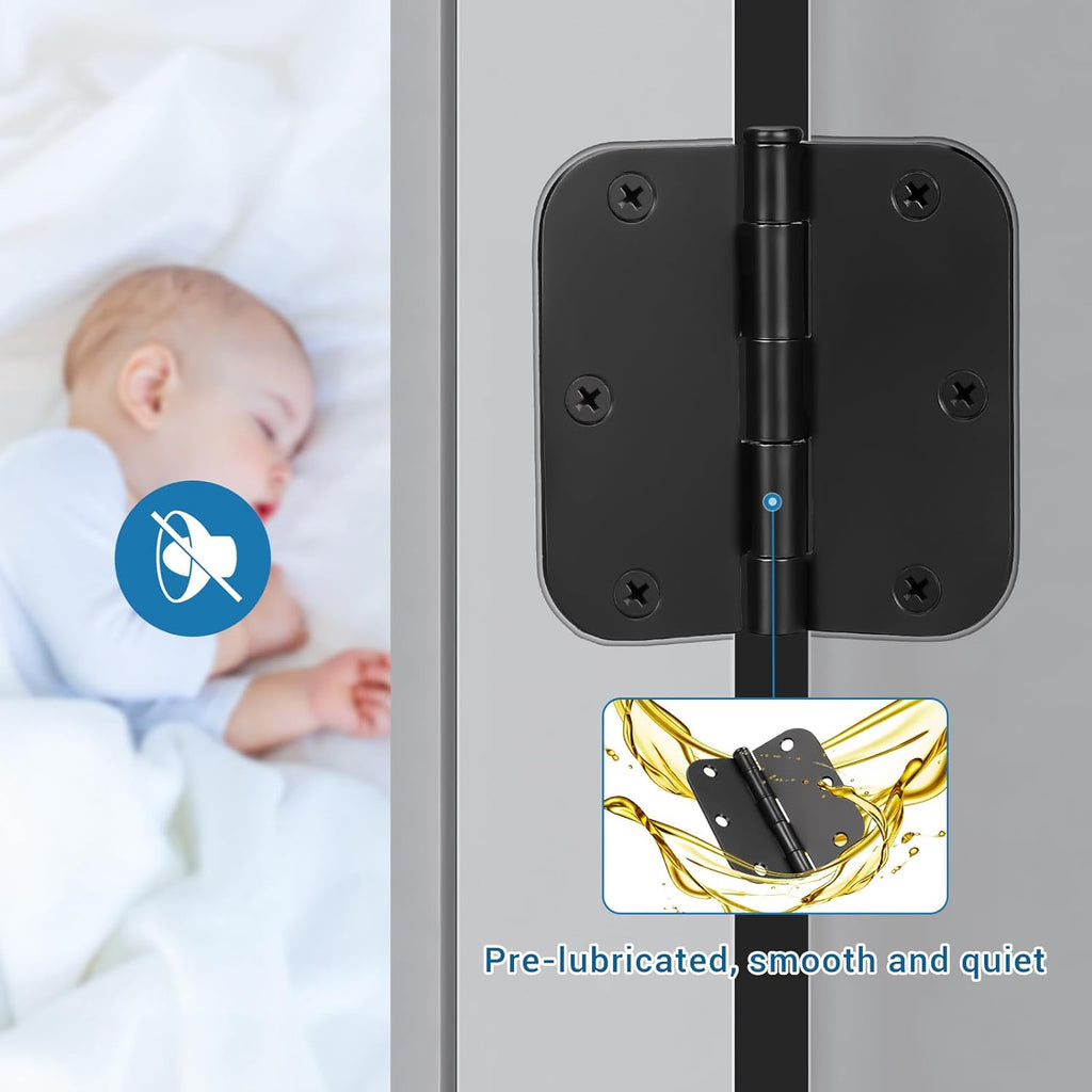 42 Pack Black Door Hinges, 3.5" X 3.5" Square W 5/8" Radius Corner Interior Door Hinges with Black Finish