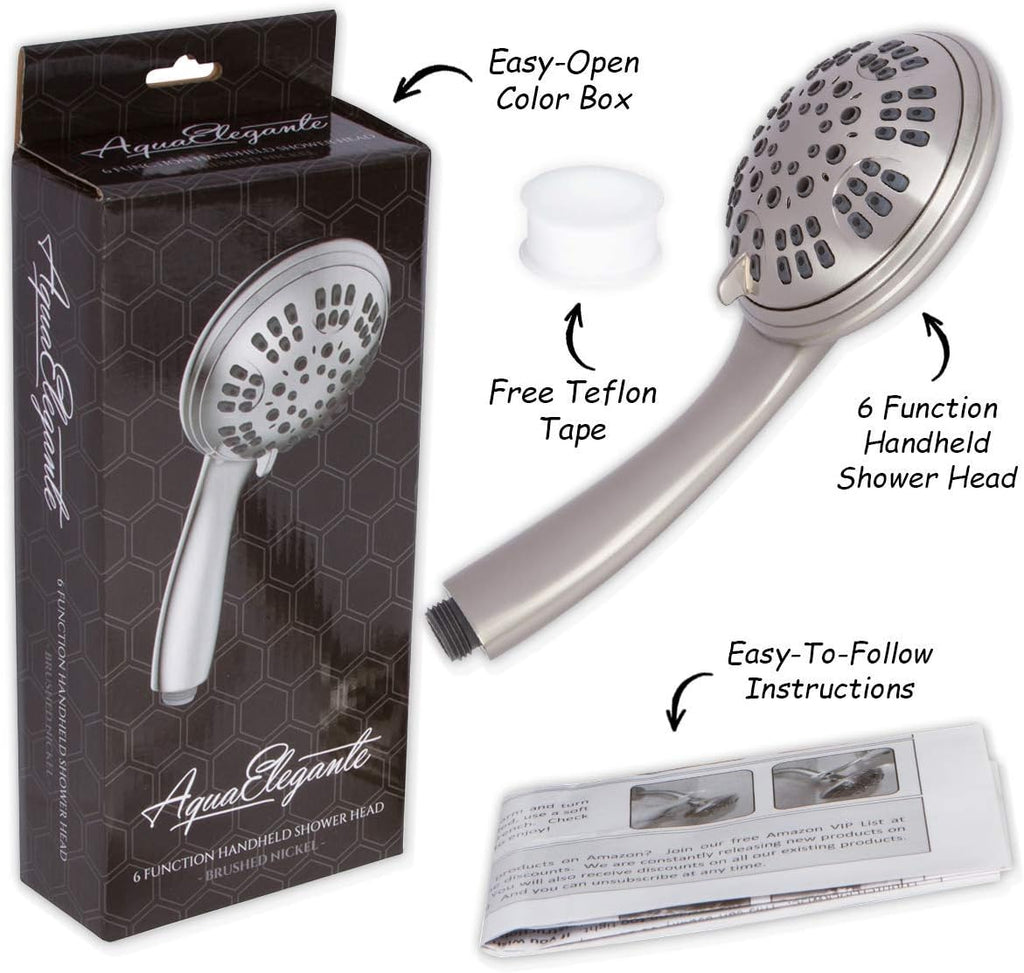 6 Function Luxury Handheld Shower Head - Adjustable High Pressure Rainfall Spray with Removable Hand Held Rain Showerhead for the Bathroom, 2.5 GPM - Brushed Nickel